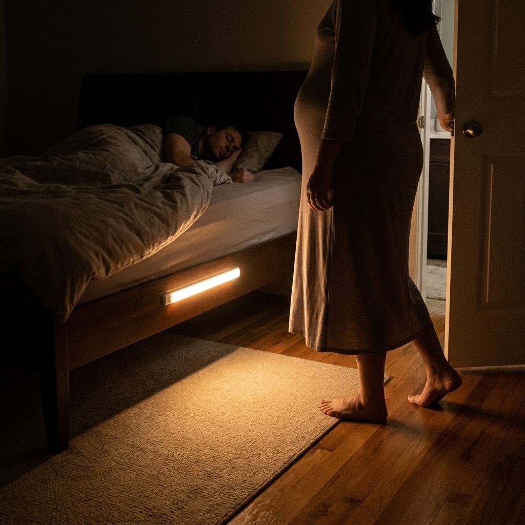 Motion light glowing under the bed as a pregnant mom gets up at night while her partner sleeps