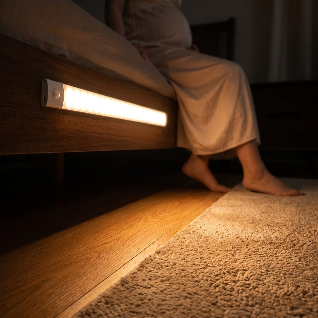 Motion sensor night light bar glowing under the bed at night