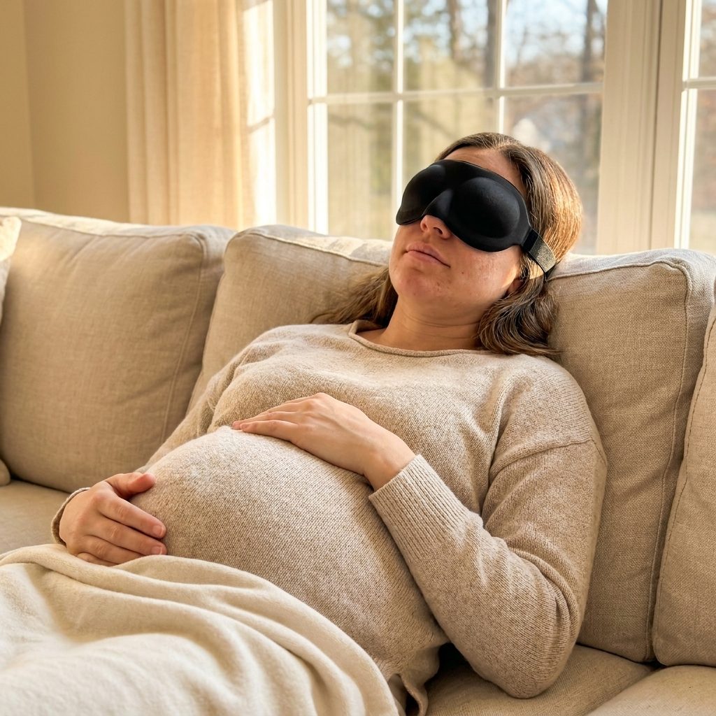 Pregnant mom napping on the sofa in daylight wearing a contoured sleep mask